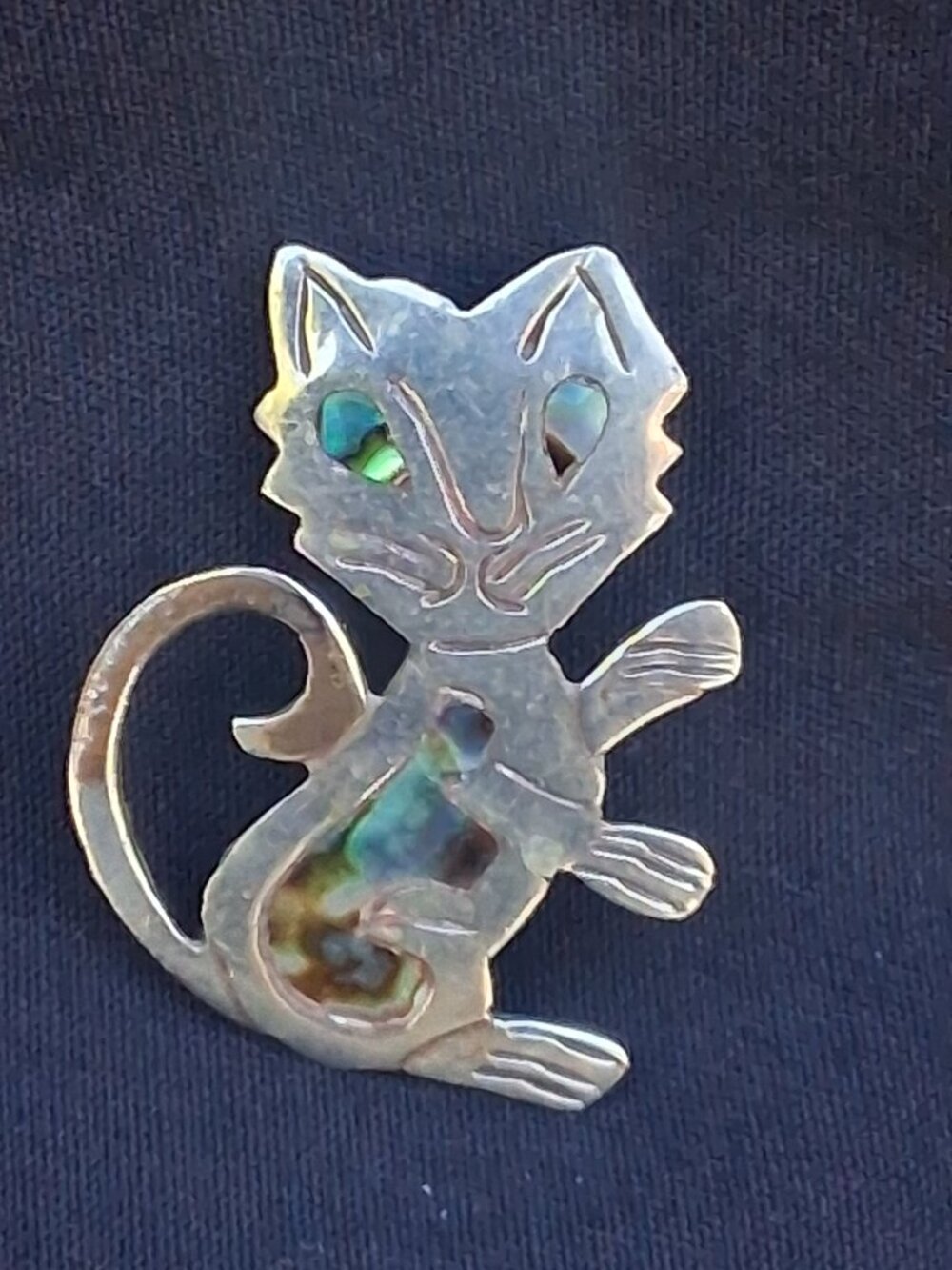 VTG Mexico Alpaca Silver Abalone Shell Inlay Cat Brooch Pin